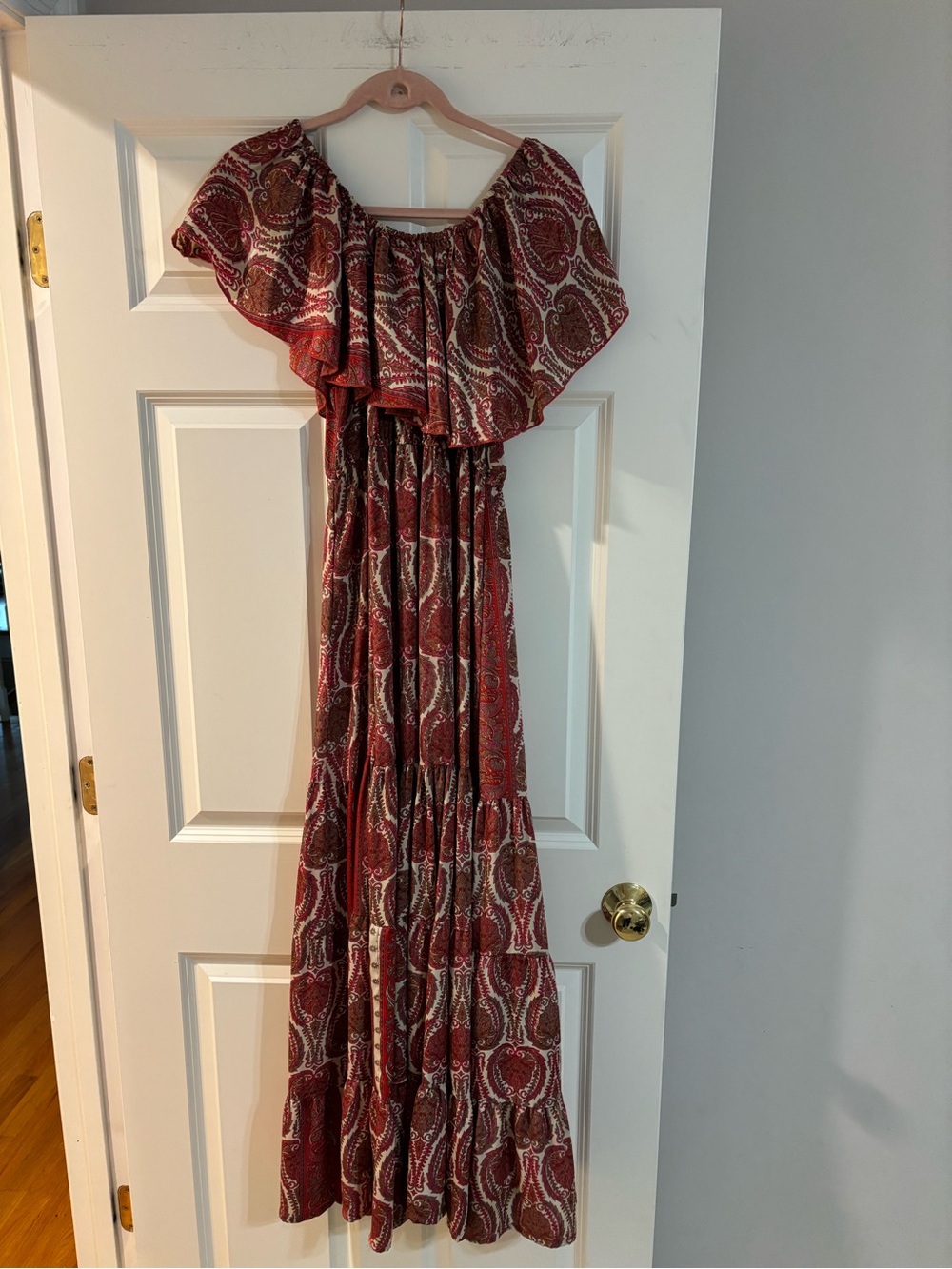 Elan Off Shoulder Ruffle Maxi Dress in Burgundy and Cream Paisley